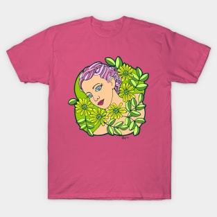 Girl with Pink Hair Surrounded by Yellow Flowers T-Shirt